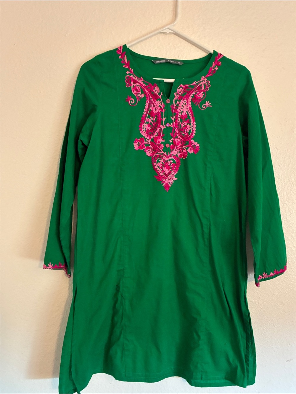 Green Embroidered Women's Tunic Top with Pink Detail